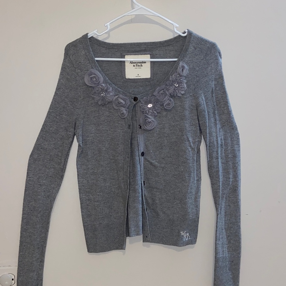 Good quality gray cardigan with floral embellishments